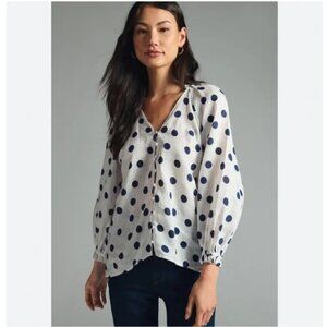 Maeve White Polka Dot V-Neck Blouse with Navy Dots